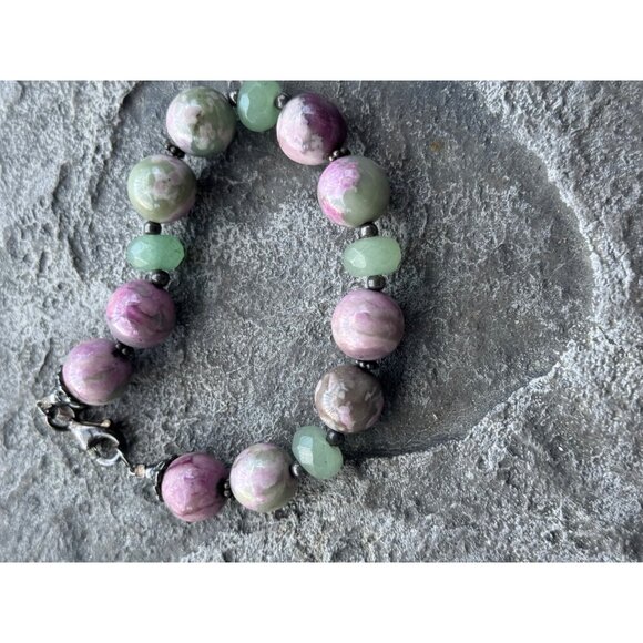 Natural Rhodonite & Aventurine 925 Sterling Silver Beaded Bracelet - Picture 5 of 8